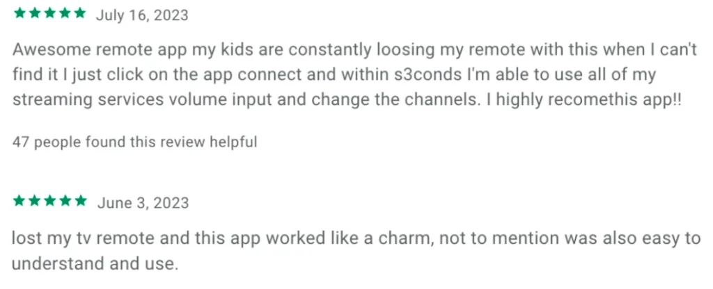 screenshots of BoostVision's LG remote app reviews