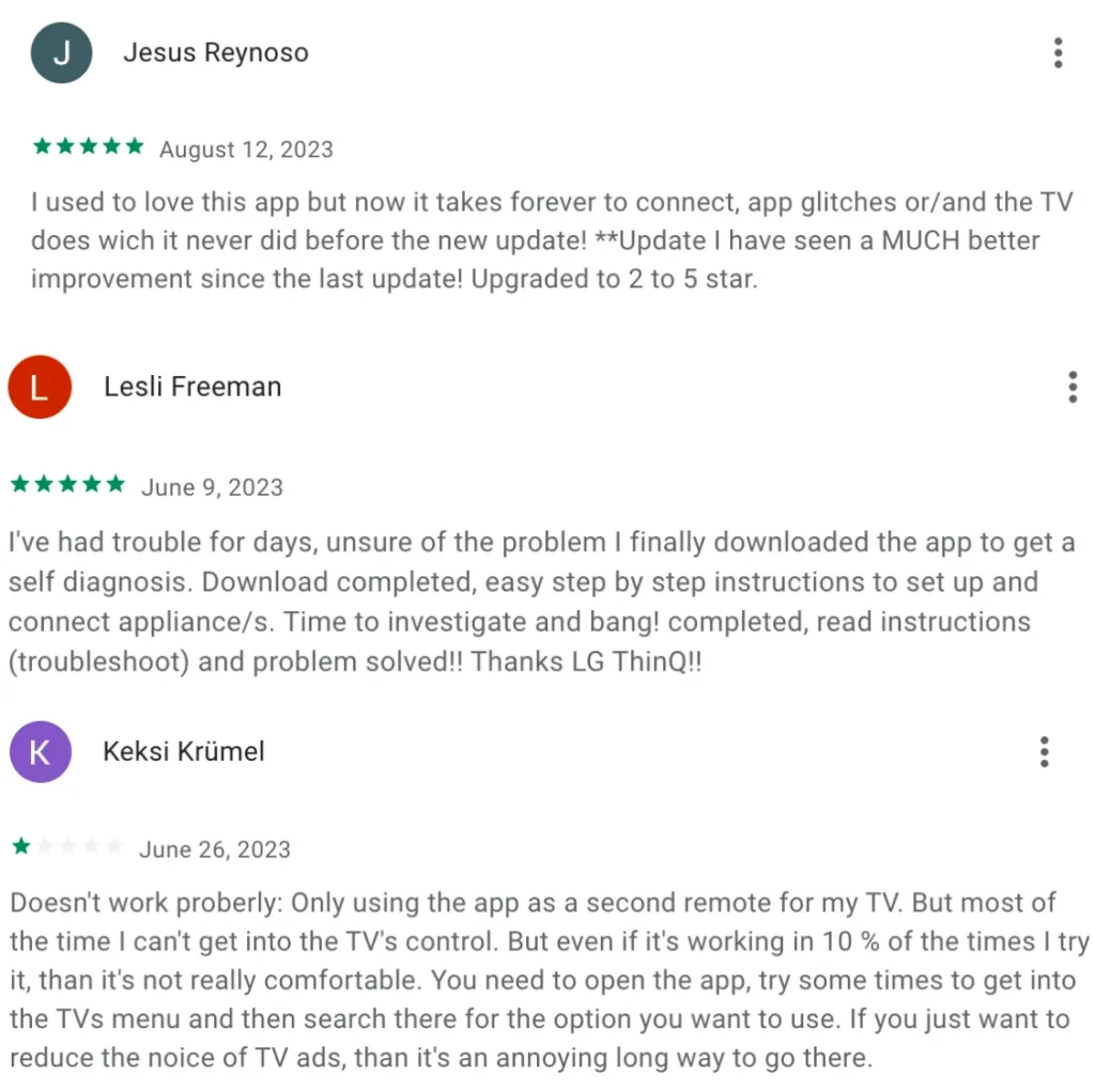 screenshots of the LG ThinQ's reviews