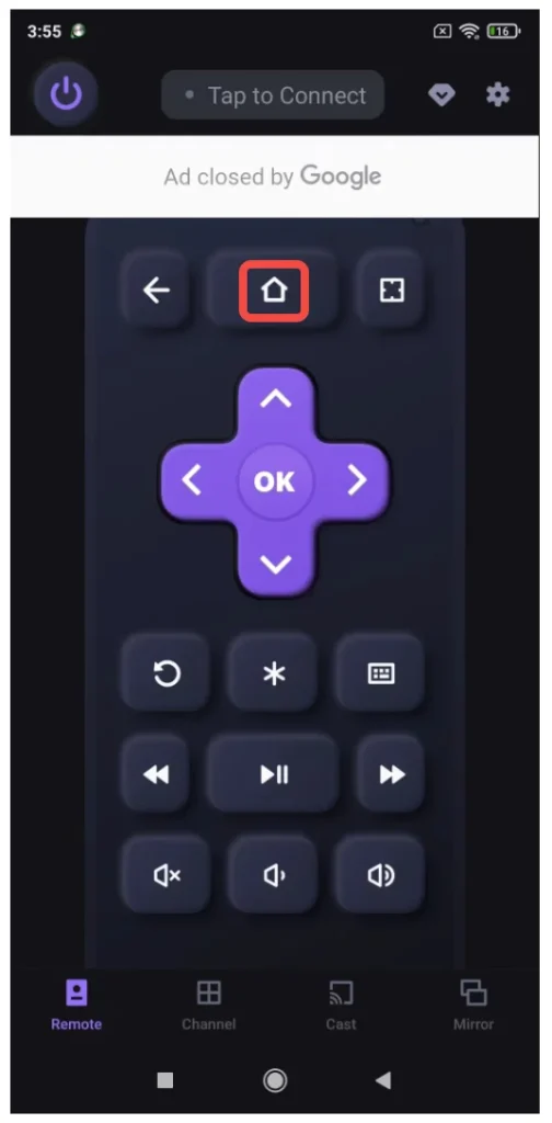 the Home button on the remote app