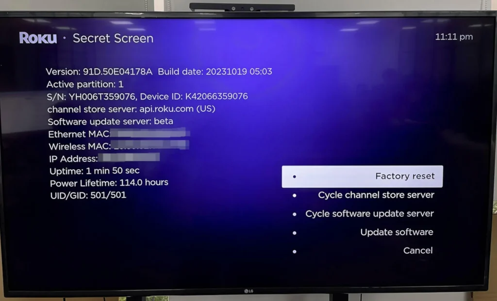 factory reset secret screen on Roku TV