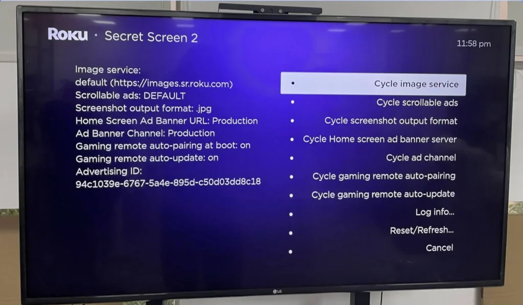 Roku screenshots and ads menu