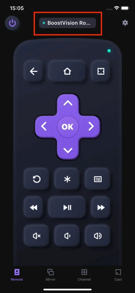 the main interface of Roku remote app