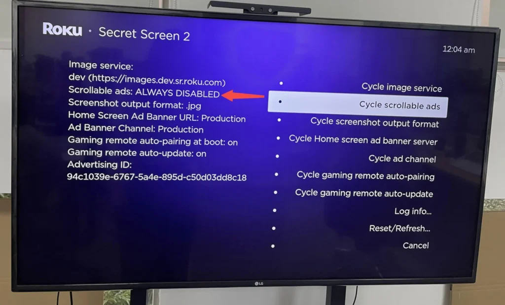 disable cycle scrollable ads on roku TV