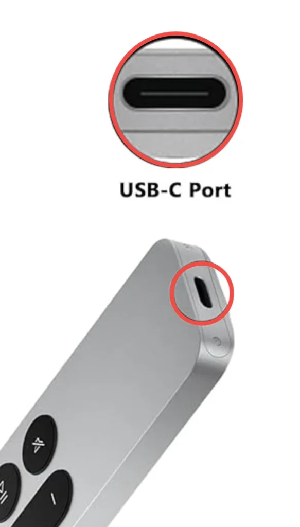 the USB-C port at the bottom of the Apple TV remote