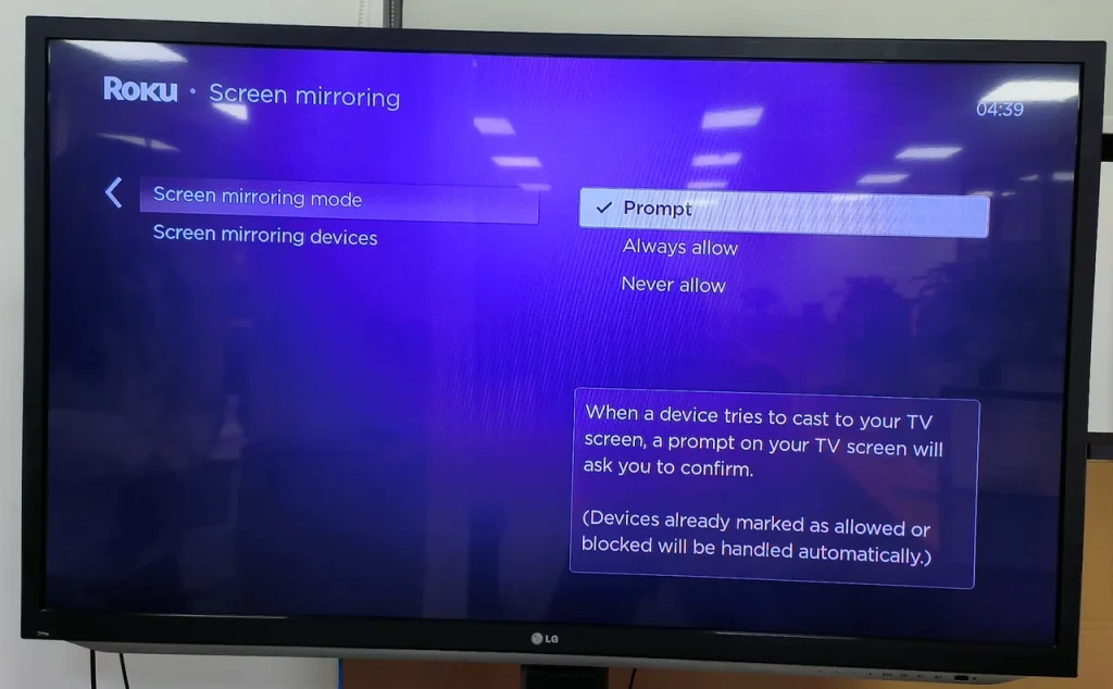 check the screen mirroring mode on the Roku device
