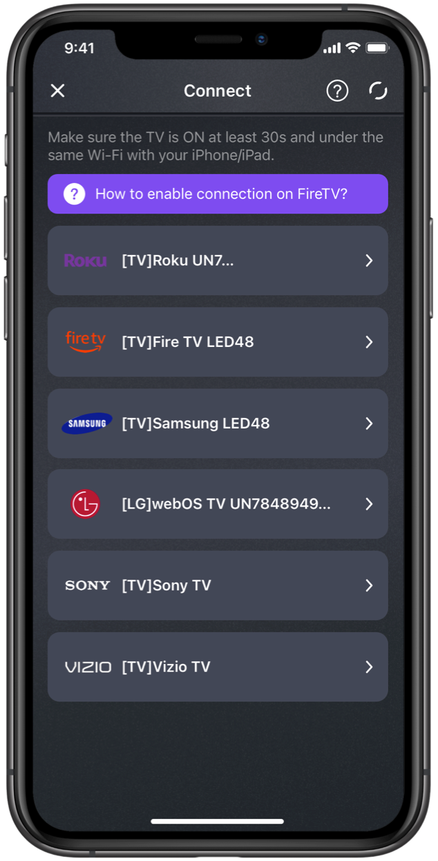 Connection Interface of Universal TV Remote App
