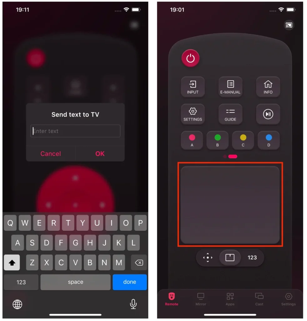 the keyword and touchpad features of the remote app