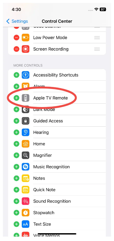 find Apple TV Remote under More Control