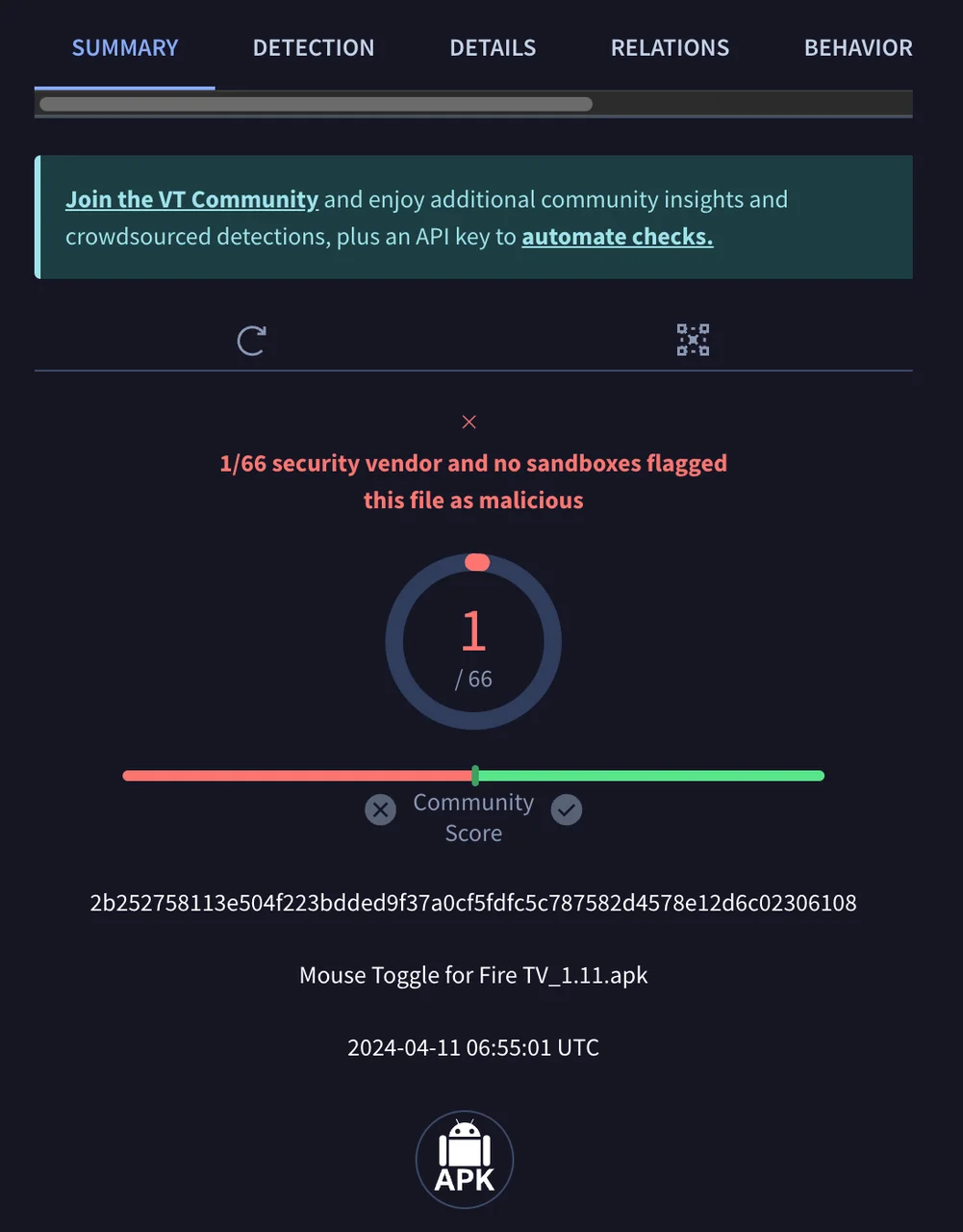 the test report of Mouse Toggle APK file from Virus Total