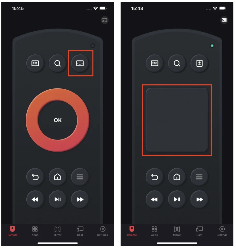 the touchpad on the remote app