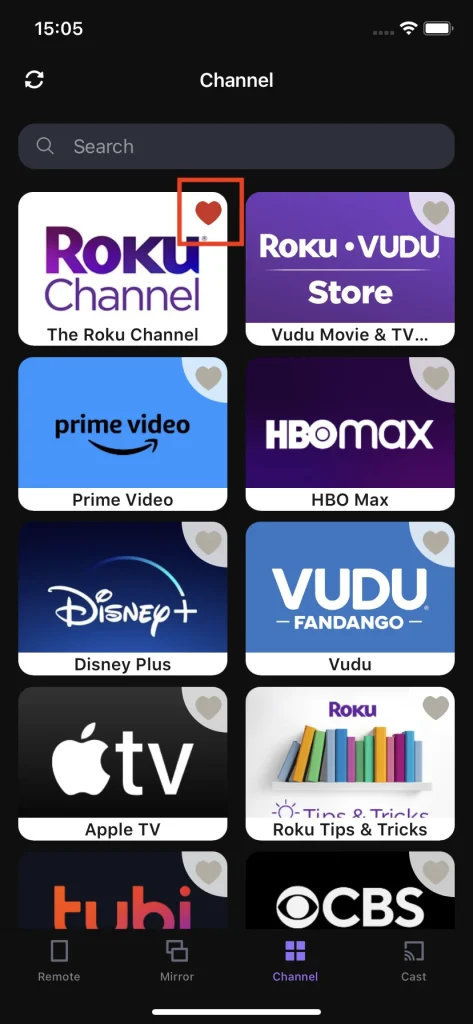 heart-lighted channels of Remote for Roku