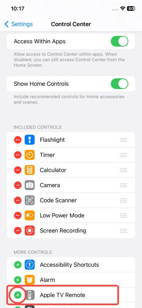 the Apple TV Remote in the Control Center setting