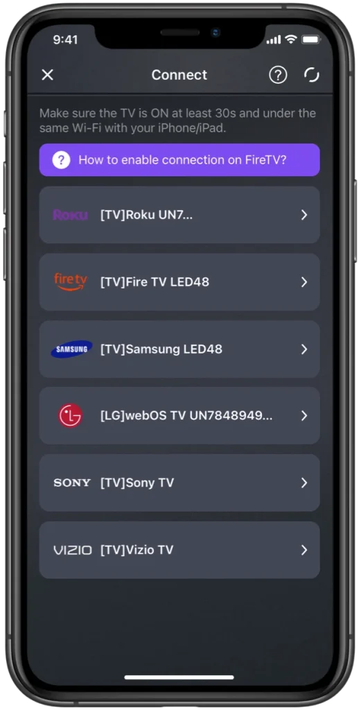 the device list on the remote app