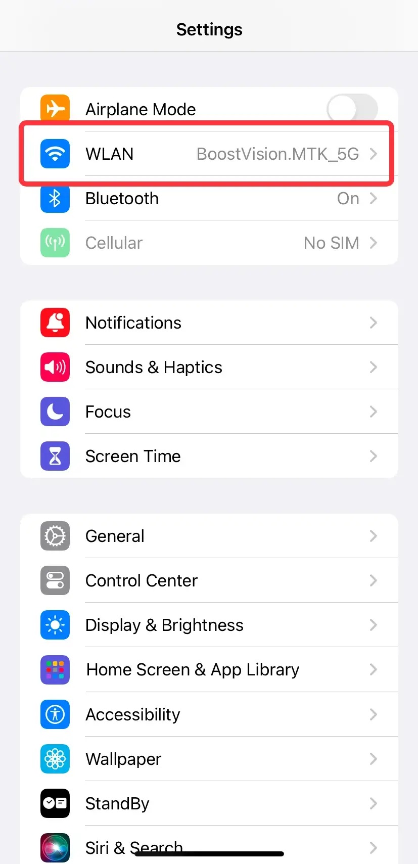 WLAN on iPhone Settings