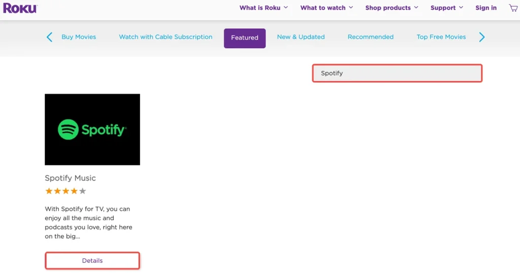 search for Spotify on the Roku webpage