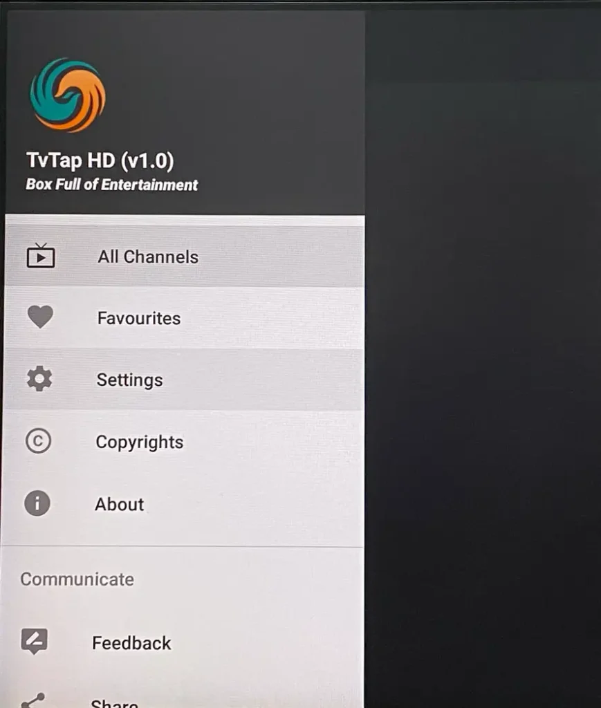 Settings menu on TVMob